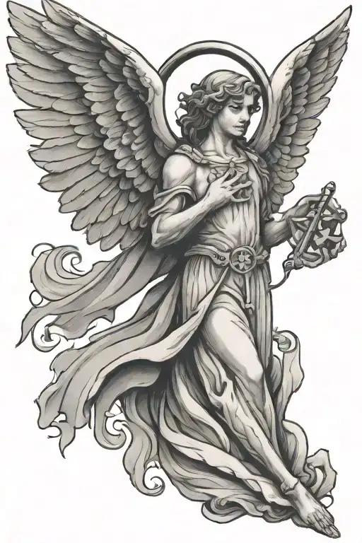 A stylized black and grey angel with wings holding a medical cross, symbolizing the client's dedication to both medicine and their military background tattoo design idea