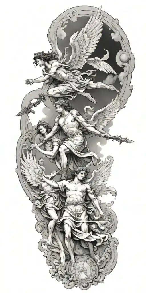 Greek mythology medic and angels flying towards tattoo design idea