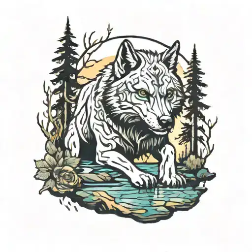 lobo enojado en bosque tenebroso con laguna  tattoo design idea