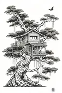 minimal wisteria bonsai with Kashyyyk-style treehouse in the tree tattoo design idea