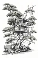minimal wisteria bonsai with Kashyyyk-style treehouse in the tree tattoo design idea