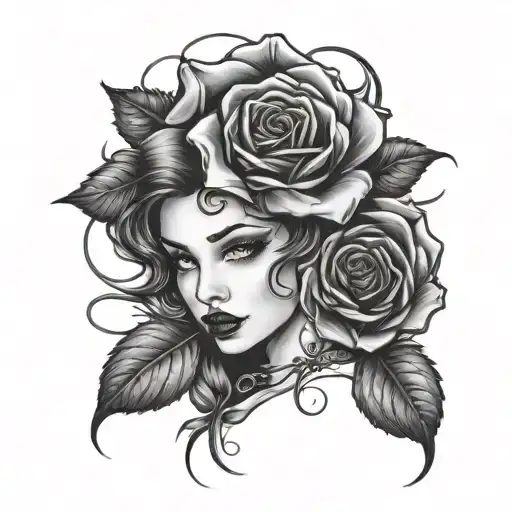 Gothic rose intertwined with a pin up girl portrait tattoo design idea