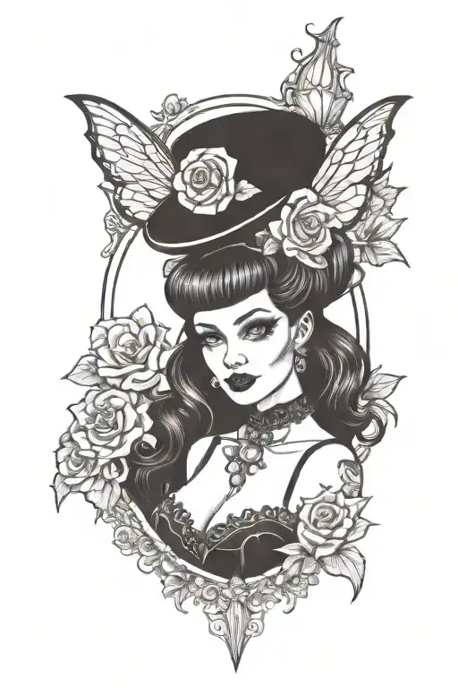 gothic pin up girl in lingerie demoness black and white tattoo design idea