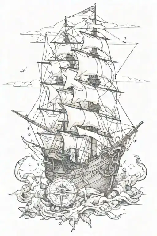 A pirate ship crashes into a pile of treasure, with a compass below tattoo design idea