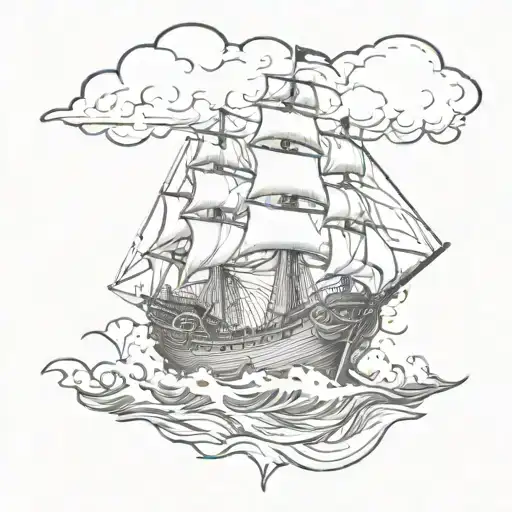 A ghostly Pirate ship sailing on a stormy sea, against the backdrop of a thunderstorm, on the side of the pirates' heads tattoo design idea