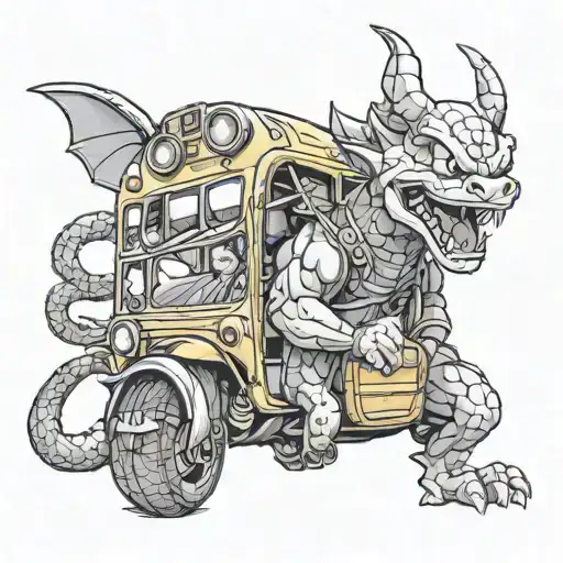 A new-school design of a dragon ball with a school bus motif tattoo design idea