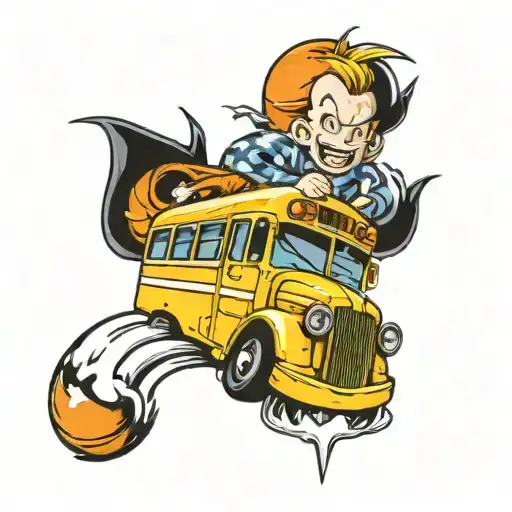 A traditional tattoo of a school bus racing against a Dragon Ball Z character tattoo design idea