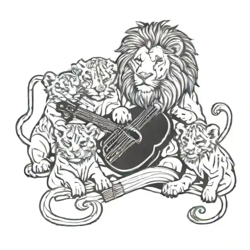 A lion with 4 cubs playing musical instruments tattoo design idea