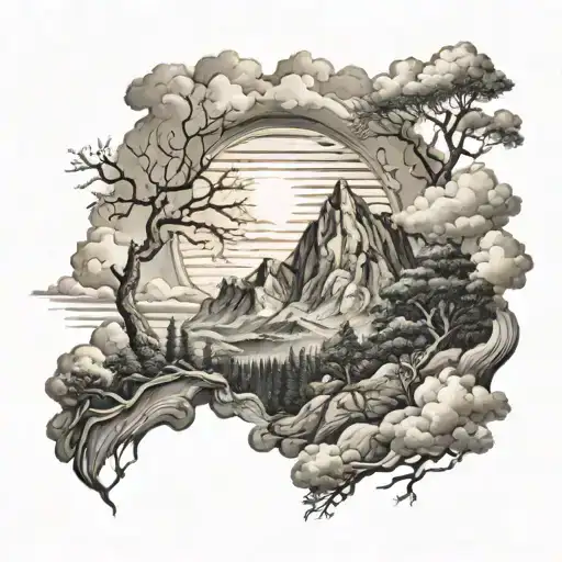 A mountain with clouds and sun and oak trees tattoo design idea