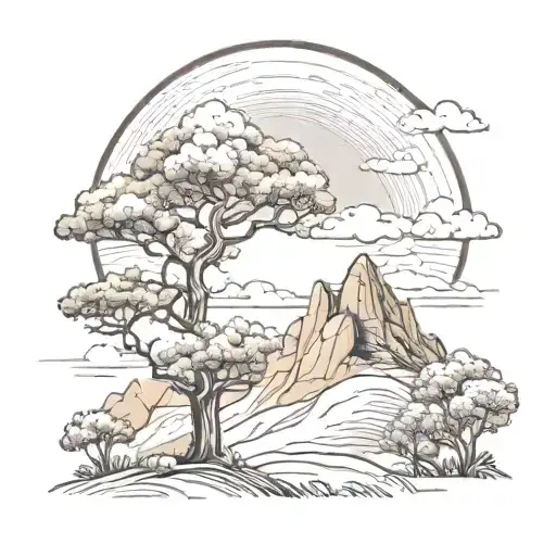 A mountain with clouds and sun and oak trees tattoo design idea