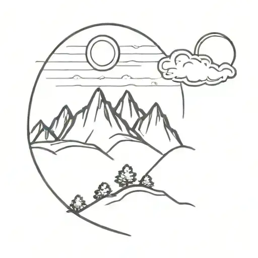 A mountain with clouds and sun and oak trees tattoo design idea