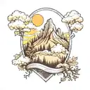 A mountain with clouds and sun and oak trees tattoo design idea