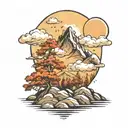 A mountain with clouds and sun and oak trees tattoo design idea