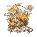 A mountain with clouds and sun and oak trees tattoo design idea