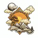 A mountain with clouds and sun and oak trees tattoo design idea