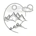 A mountain with clouds and sun and oak trees tattoo design idea