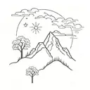 A mountain with clouds and sun and oak trees tattoo design idea