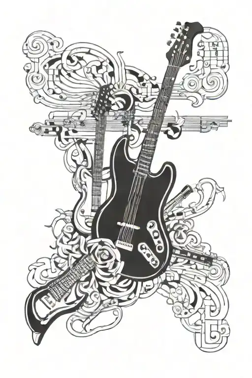 guitar, piano, trombone, saxophone, bass guitar merging tattoo design idea