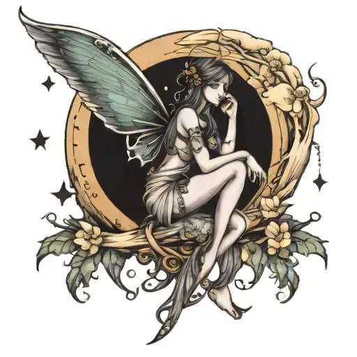 Fairy sitting on moon tattoo design idea