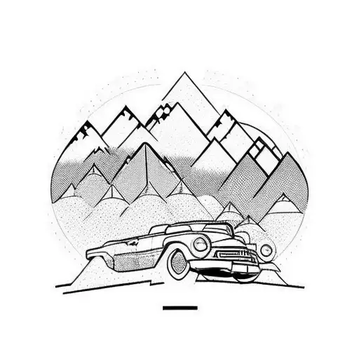 Route 66 sign integrated into a geometric mountain scene tattoo design idea