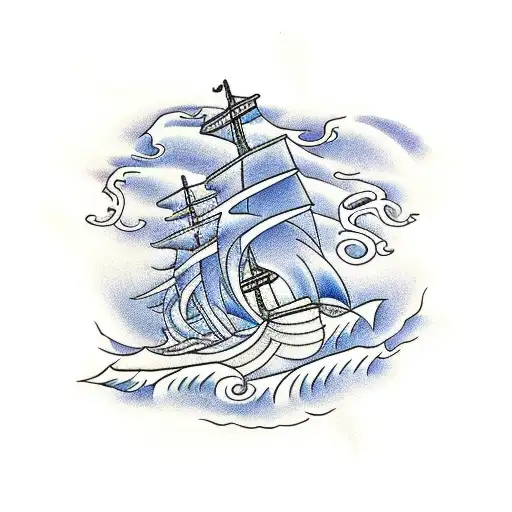 Old School Ship in Japanese Waves being attacked by giant octopus tattoo design idea
