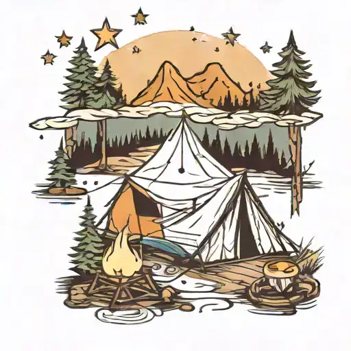 stars camping scene with a tent tattoo design idea