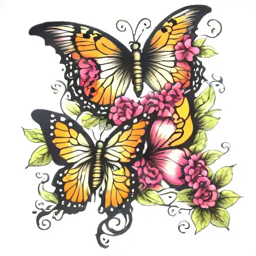 butterflies hearts and vines growing tattoo design idea