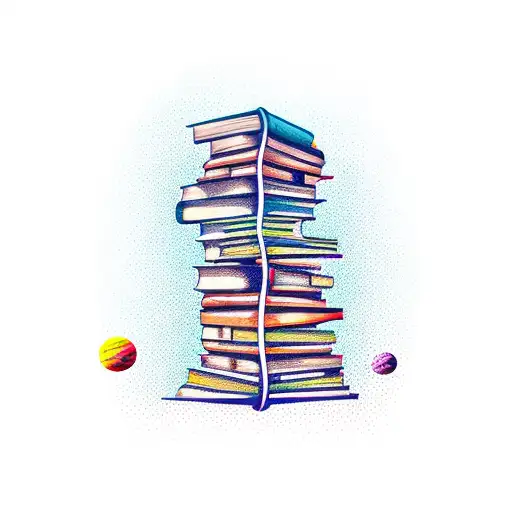 A whimsical bookshelf filled with colorful books floating in a starry galaxy tattoo design idea