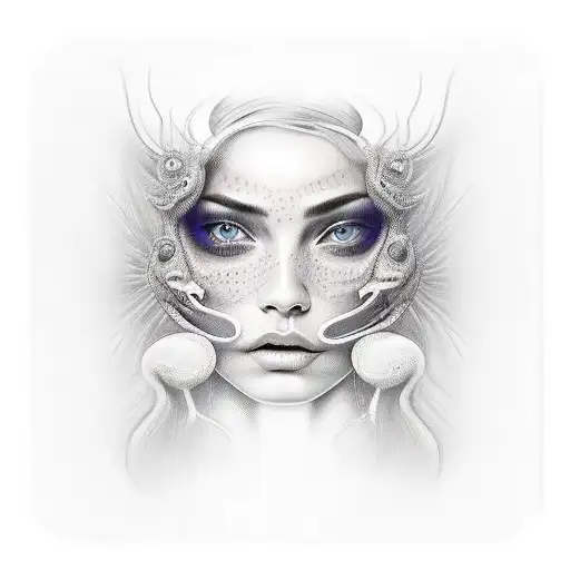 Rostro de mujer de frente con cara desafiante el cabellera de serpientes tattoo design idea