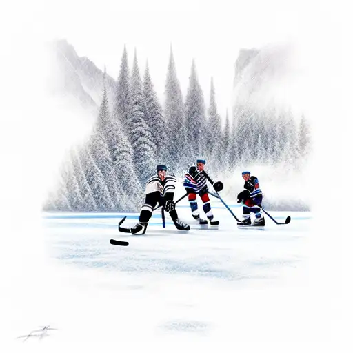 2 hockey player and one goalie on a frozen lake in the mountains tattoo design idea