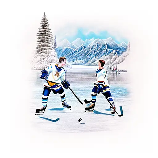 2 hockey player on a frozen lake in the mountains tattoo design idea