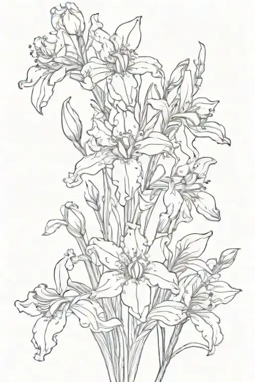 iris goddess, snow drop flower, lily of the valley, poppy, daffodil, honeysuckle, peony, cosmos flower tattoo design idea