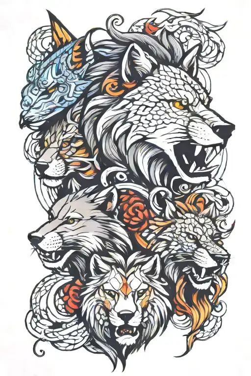 wolf and snake and lion face tattoo design idea