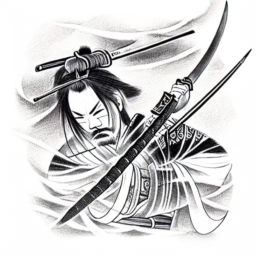 Samurai with katana, balck and red tattoo design idea