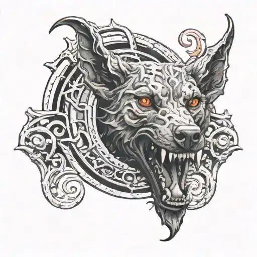 hell hound guarding a portal opening tattoo design idea