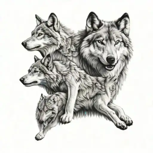 timberwolf with 3 young pups playing . representing my 3 daughters.  tattoo design idea