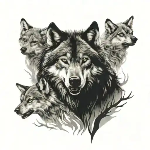 Alpha wolf with 3 pups playing near tattoo design idea