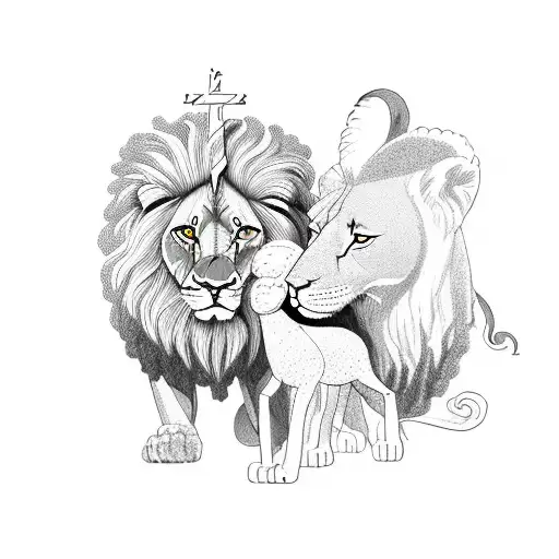 lion and a lamb 3 crosses on a hill with a tomb tattoo design idea