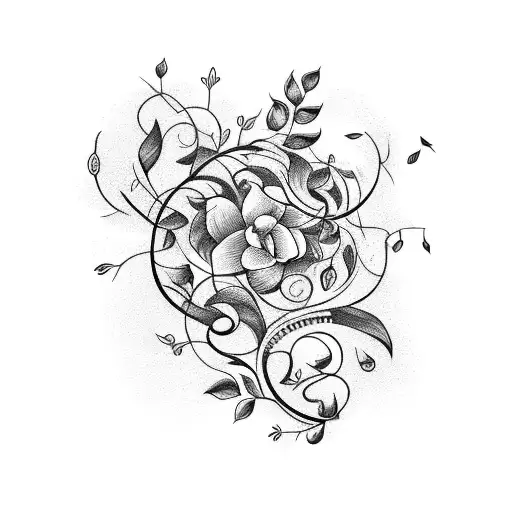 A piano and clarinet intertwined with vines and flowers tattoo design idea
