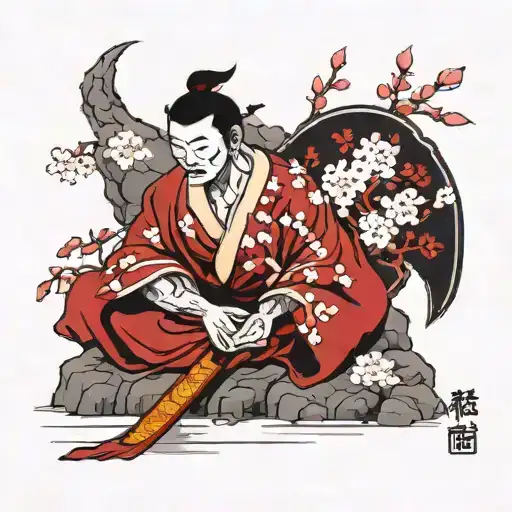 samuri under cherry blossom tree tattoo design idea