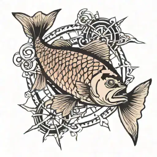carp with Norse compass surrounded tattoo design idea