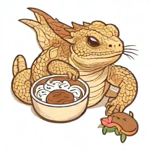 bearded dragon as squishmallow eating tiramisu tattoo design idea