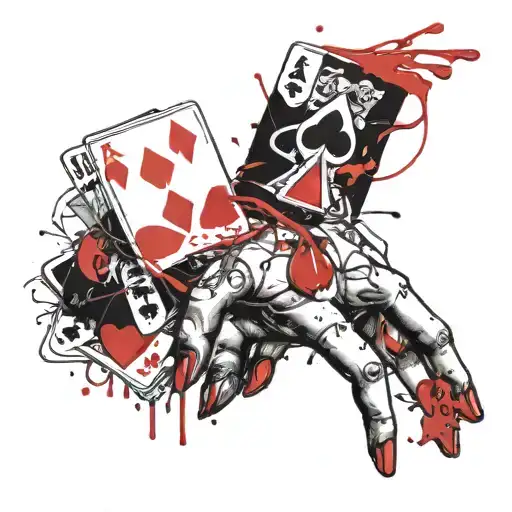 Illustrate a dealer's hand holding cards with raindrops falling around it tattoo design idea