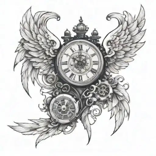 An intricate clock mechanism integrated into a pair of angel wings tattoo design idea