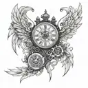 An intricate clock mechanism integrated into a pair of angel wings tattoo design idea