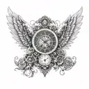 An intricate clock mechanism integrated into a pair of angel wings tattoo design idea