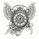 An intricate clock mechanism integrated into a pair of angel wings tattoo design idea