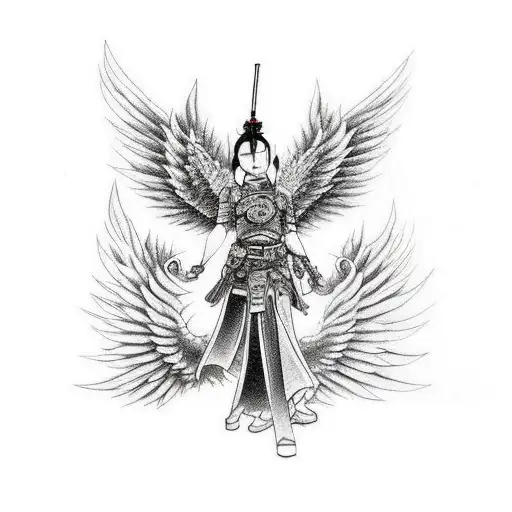 fully armoured samurie with burning fallen angel wings knealing in a battlefeild tattoo design idea