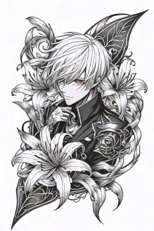 Create a forearm tattoo of Ken kaneki with one spider lily of 6 inches  tattoo design idea