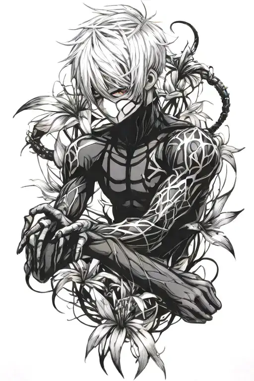 Create a forearm tattoo of Ken kaneki wiyh spider lily of 6 inches  tattoo design idea
